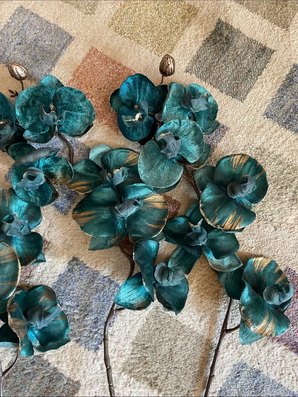 Teal and Gold Orchid Stems (4)- Decorative Home Accent